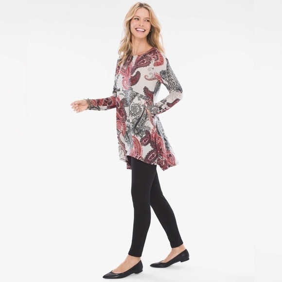 CHICO’S Red & Black Paisley Button Sleeve Tunic Size Small - Picture 3 of 14